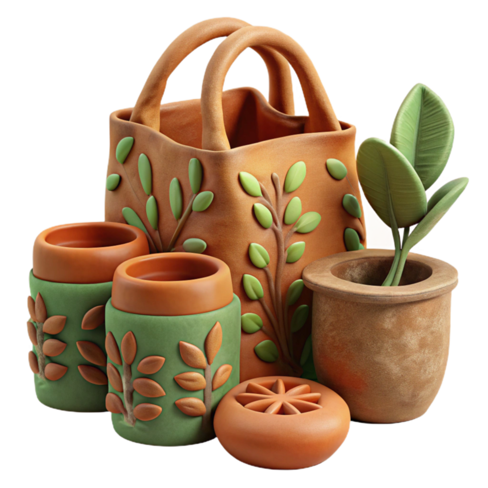 vibrant contemporary Handcrafted Clay Pot Set with Leaf Design 4K png