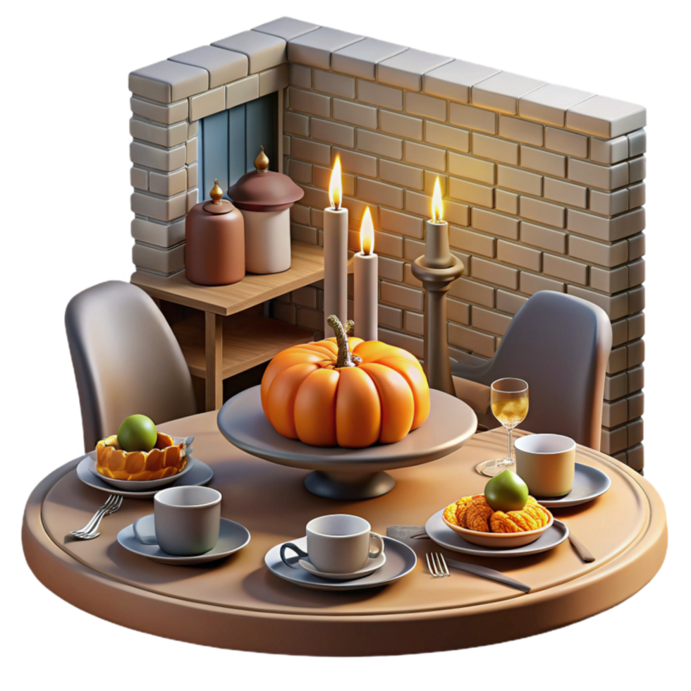 beautiful minimalist Autumn Table Setting with Pumpkin Centerpiece and Candles authentic png
