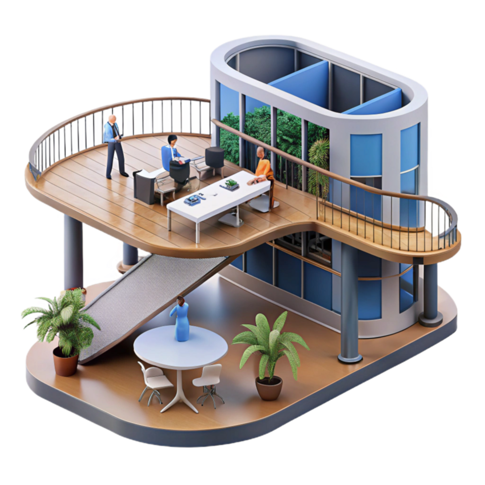 impressive classic Modern Office Design Two-Story Layout with Balconies and Plants 4K png