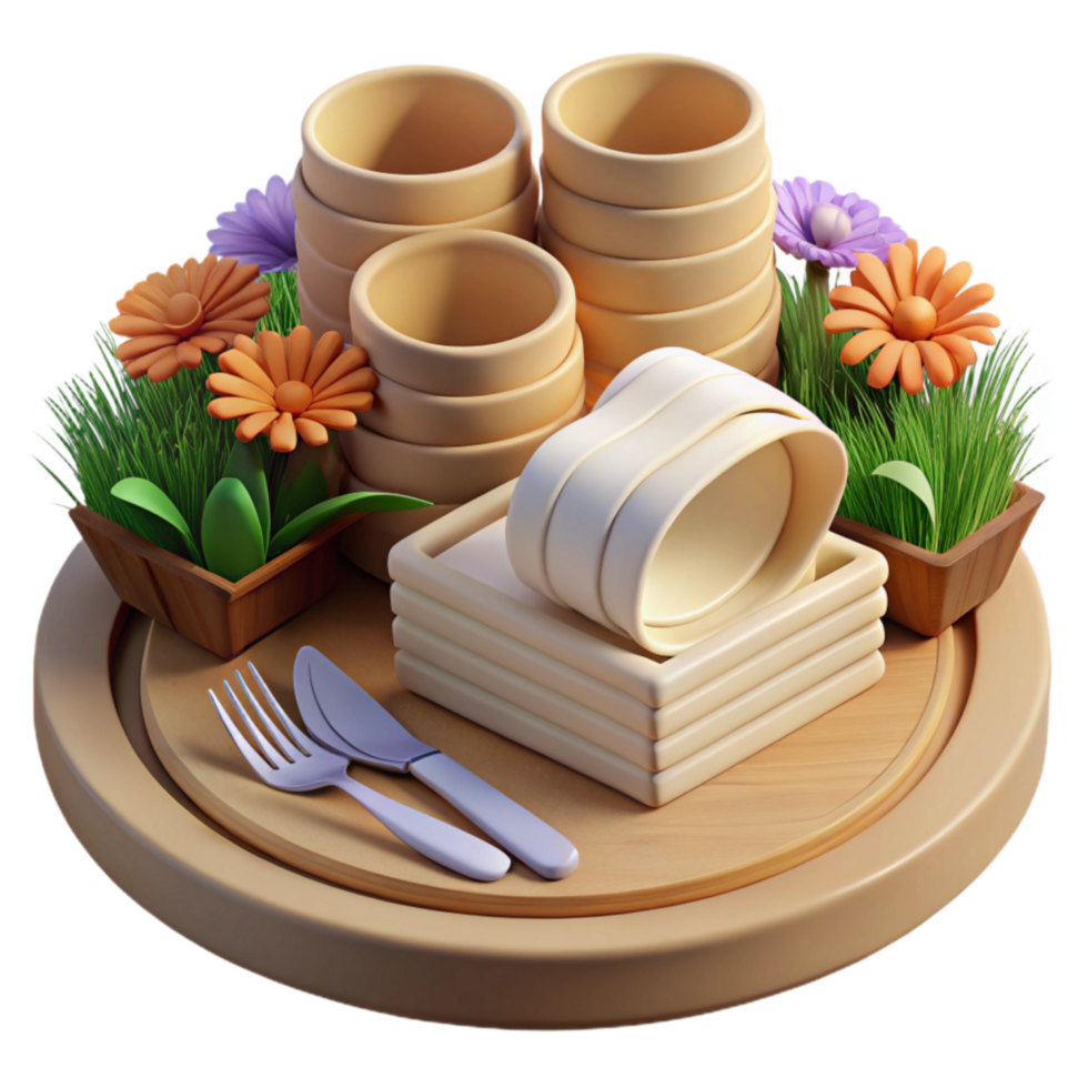 elegant minimalist Spring Table Setting with Stacked Dishes Cutlery detailed png
