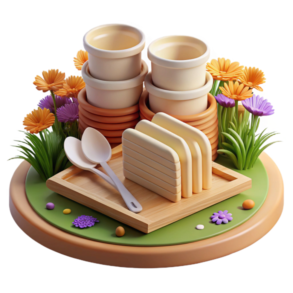 dramatic rustic Spring Breakfast Table Setting with Toast and Cups professional png