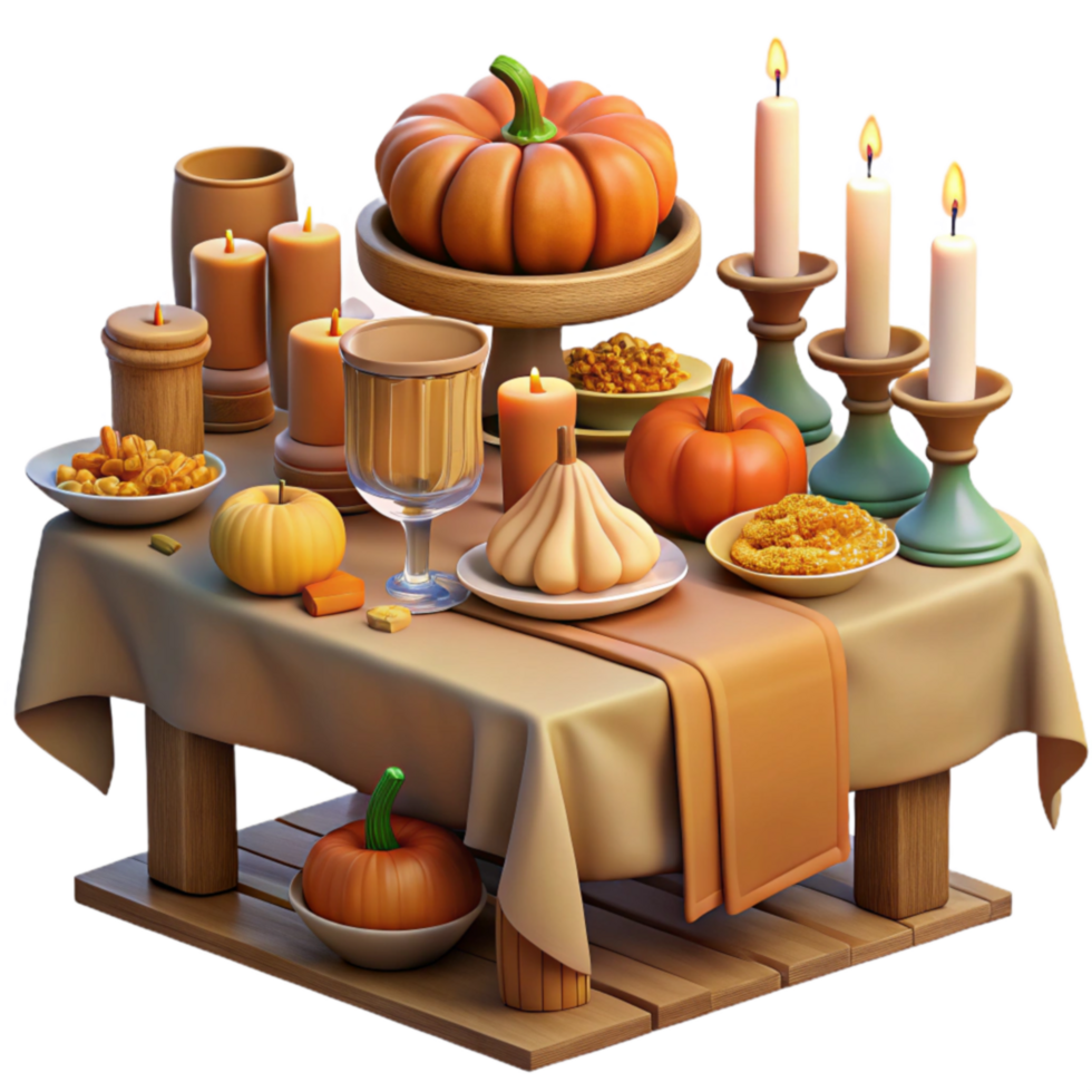 serene abstract Autumn Harvest Table Pumpkins, Candles, Festive Food genuine png