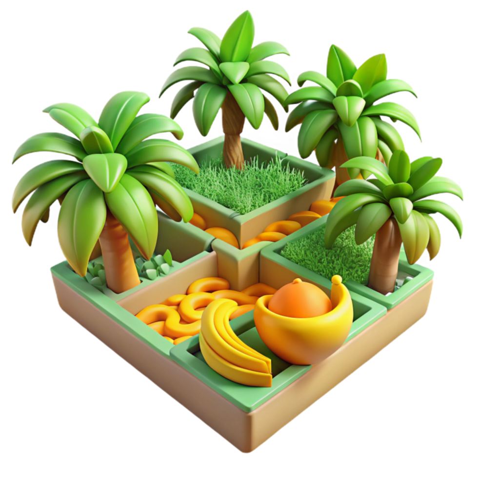beautiful traditional Tropical Paradise Garden 3D Render of Palm Trees, Bananas, and Fruit Bowl high resolution png