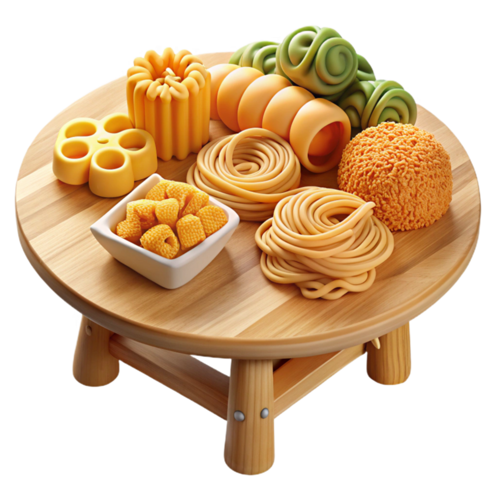 vibrant traditional Assorted Pasta Shapes on Wooden Table exclusive png