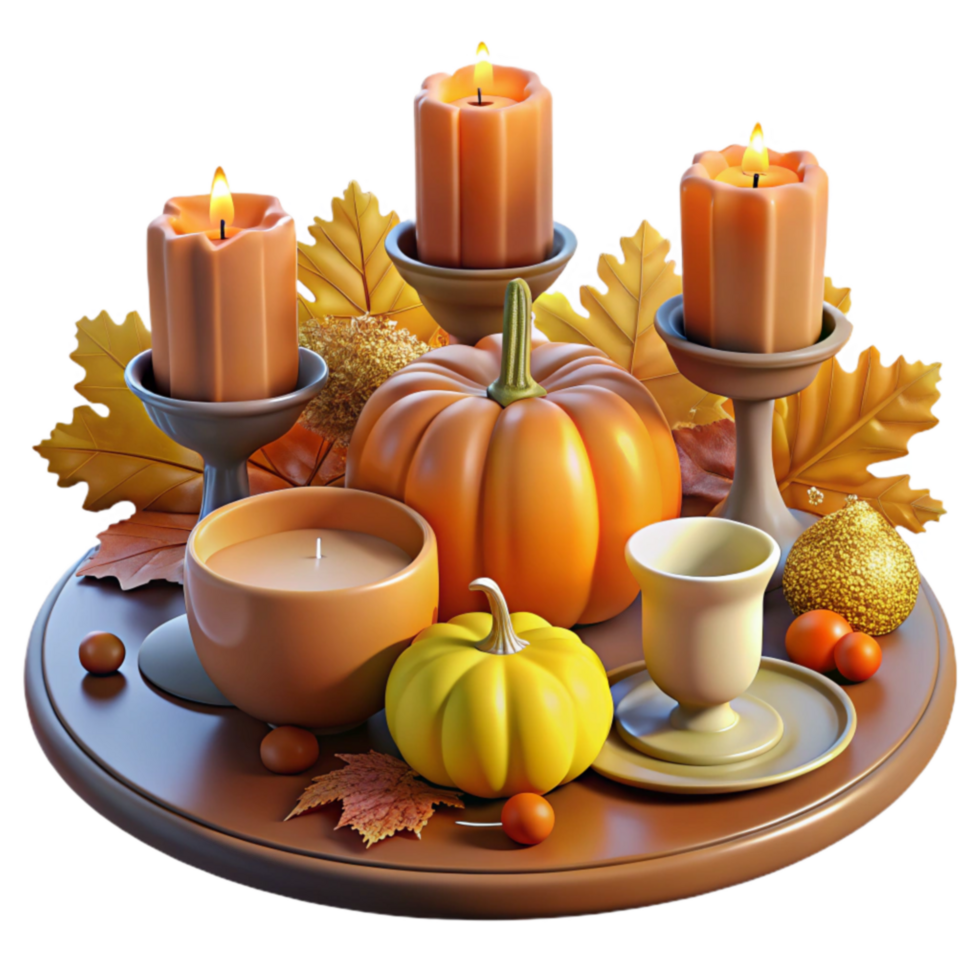 vibrant contemporary Autumn Harvest Pumpkins, Candles, and Fall Leaves premium png