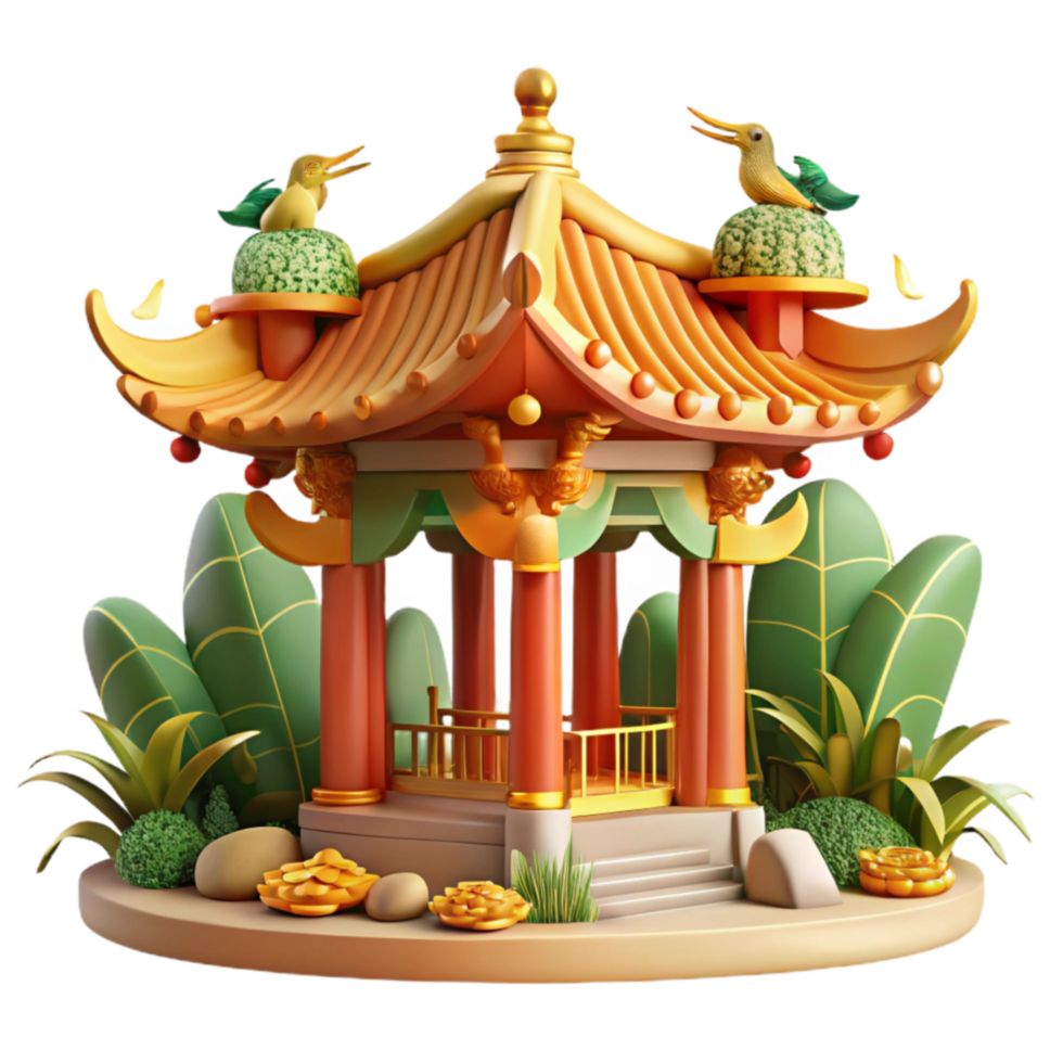 3D Render of Asian Pavilion with Birds png