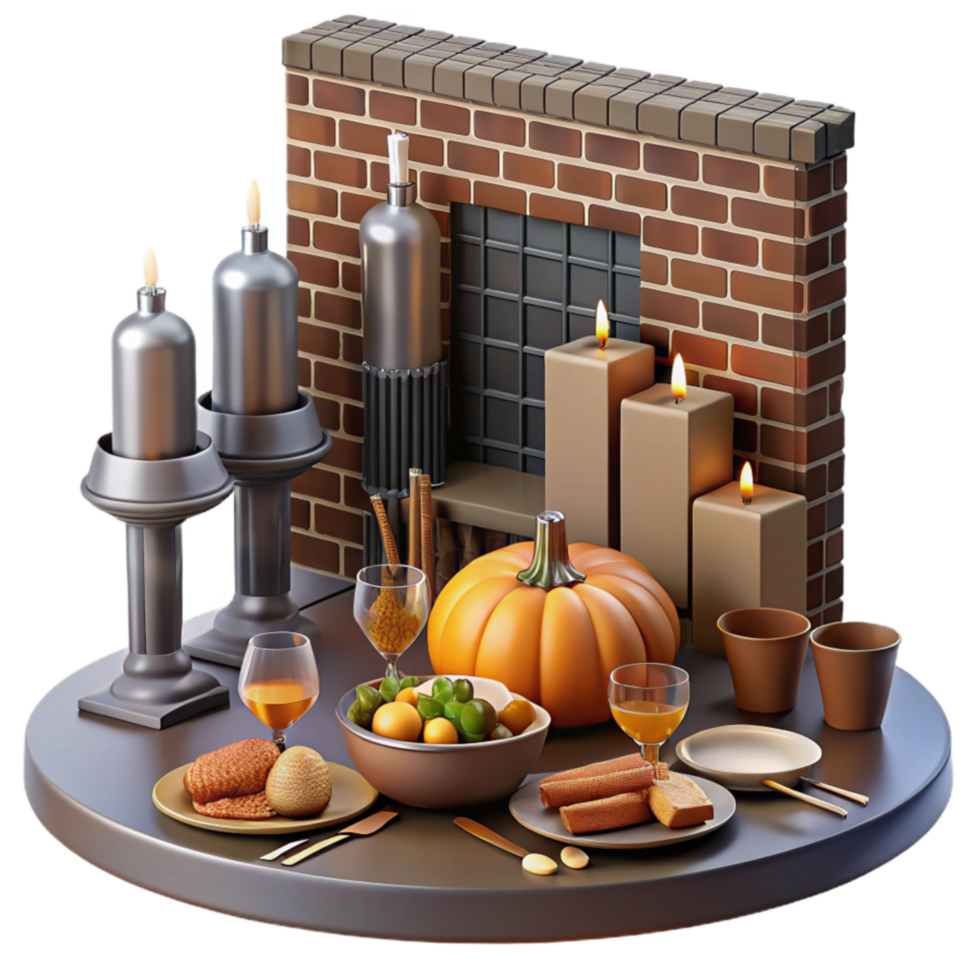 elegant abstract Autumn Harvest Table Setting with Candles and Fireplace professional png