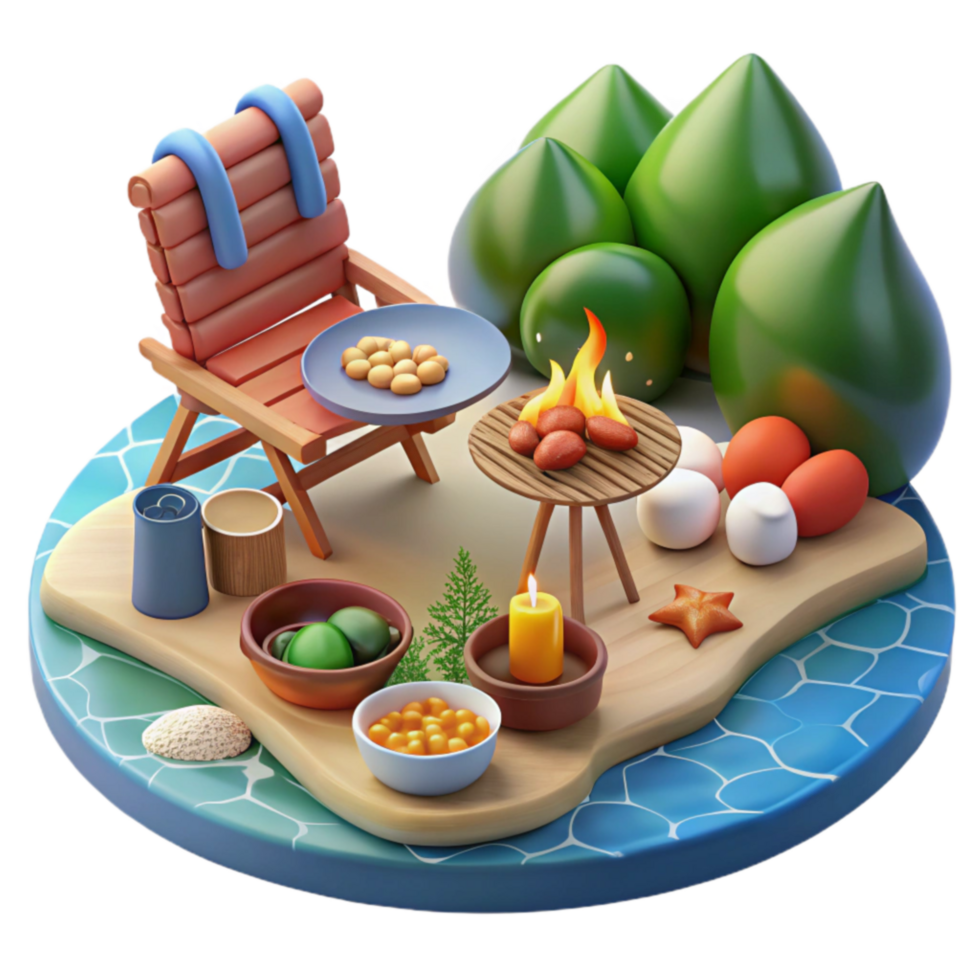 Relaxing Beach Campfire Scene 3D Render png