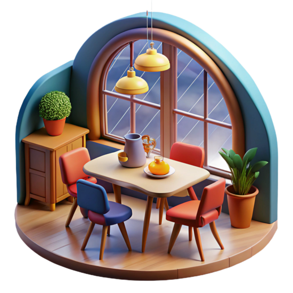 dramatic minimalist Cozy 3D Rendered Dining Nook Arched Window, Table, Chairs high quality png