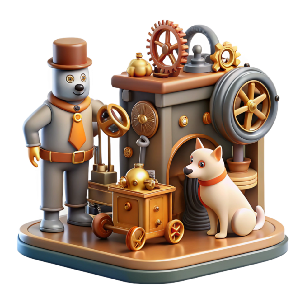 Steampunk Workshop Robot, Dog, Gears, and Gadgets png