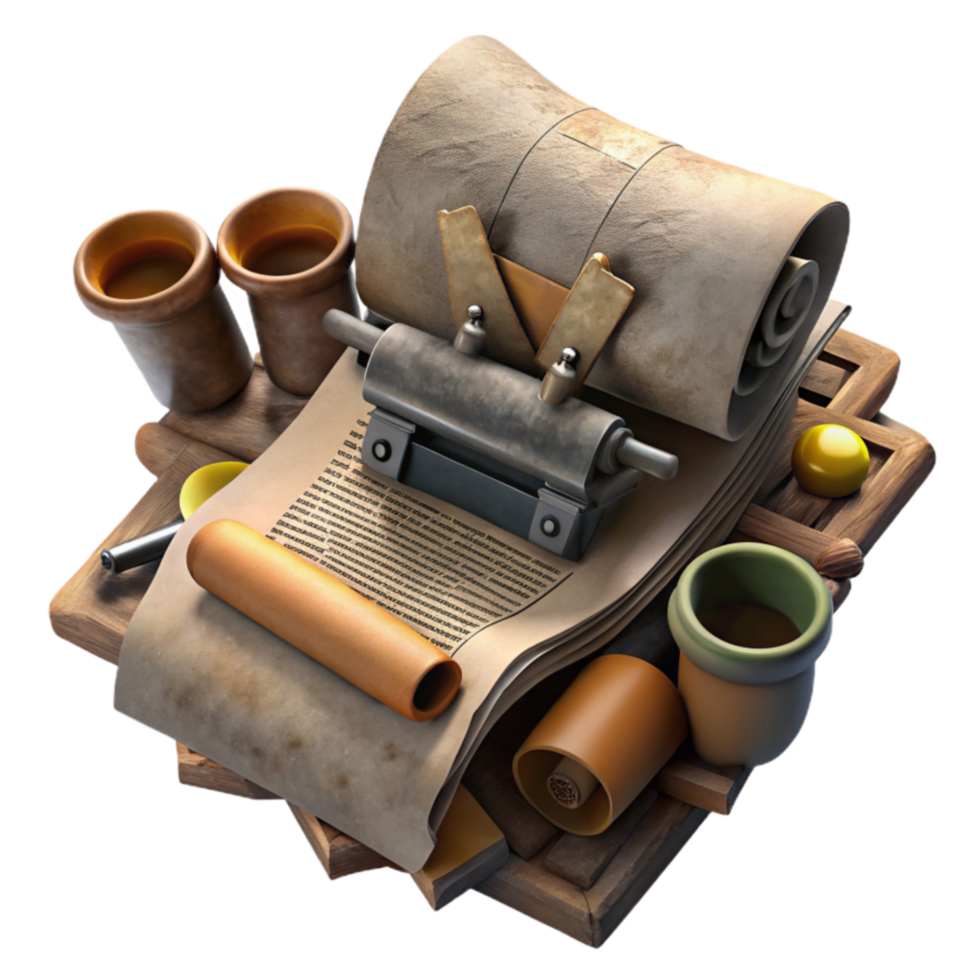 serene minimalist Ancient Writing Desk with Scroll and Inkwells original png