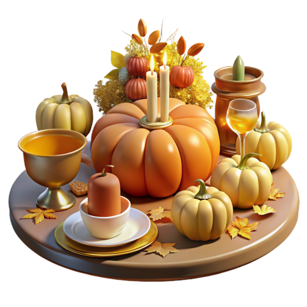 magnificent rustic Autumn Harvest Table Setting Pumpkins, Candles, and Fall Decor high resolution png