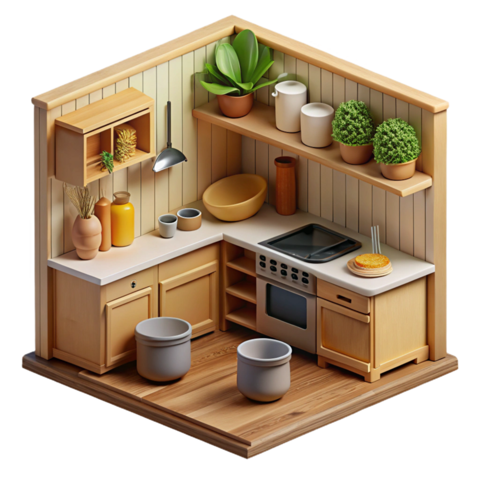 impressive creative Cozy Minimalist Kitchen Design Isometric Illustration 4K png