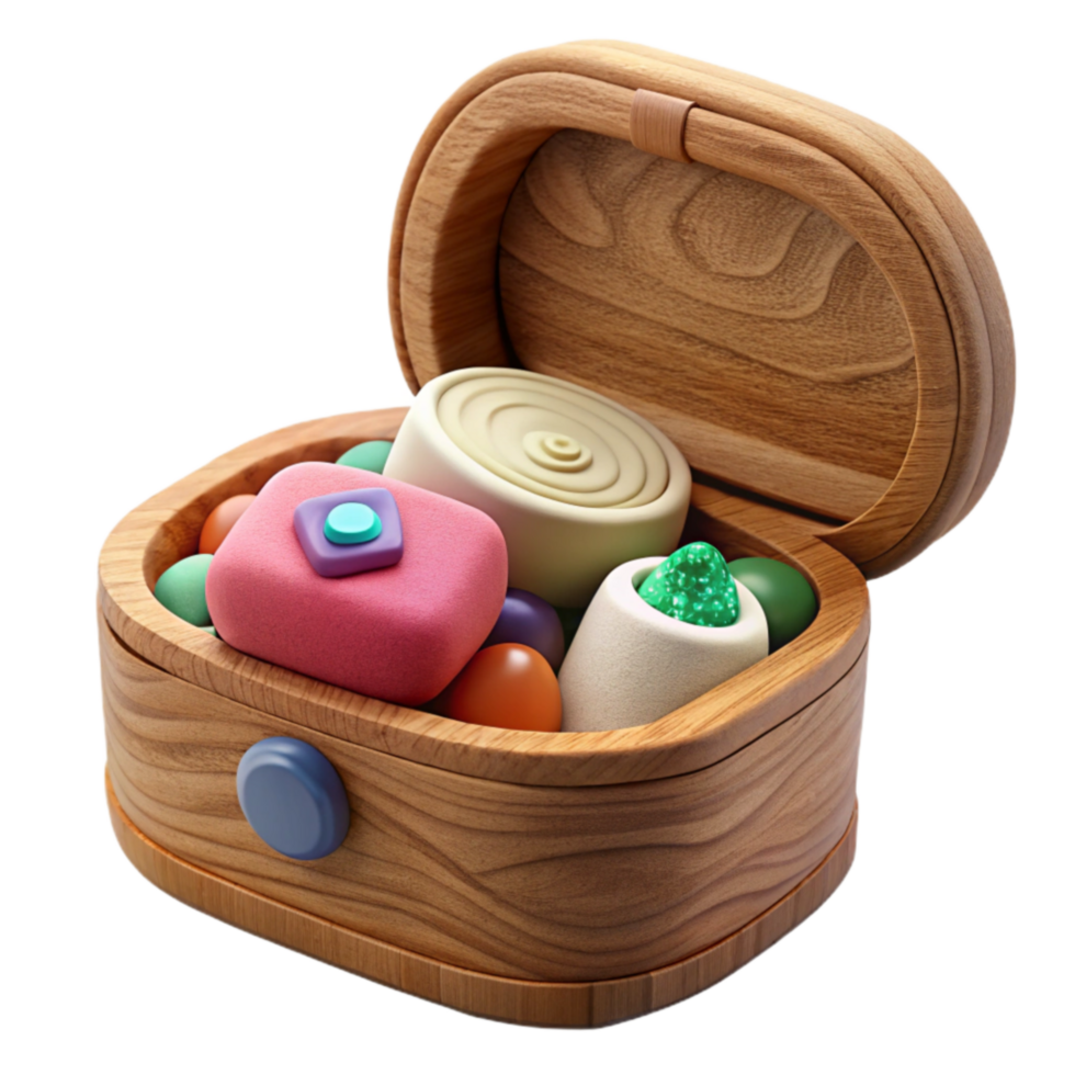 dramatic rustic Wooden Box with Colorful 3D Objects detailed png