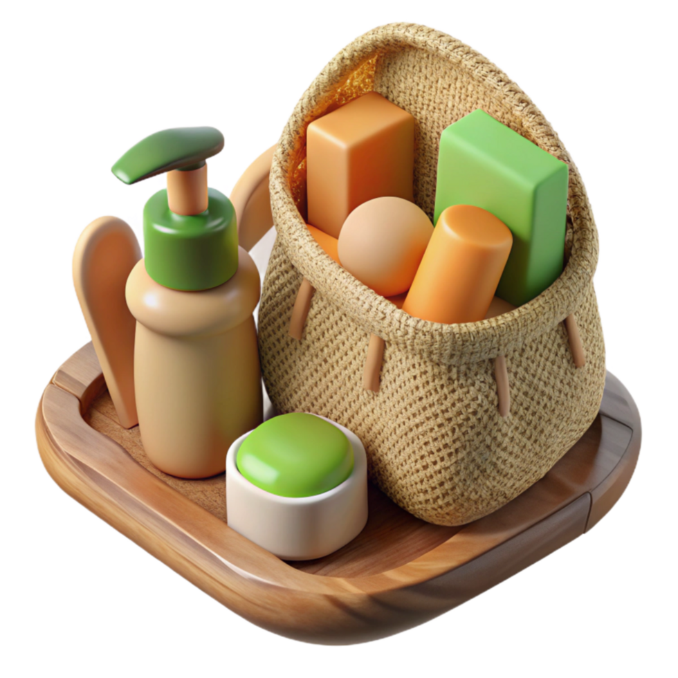 serene artistic Spa Day Essentials Bath Products in a Burlap Bag detailed png