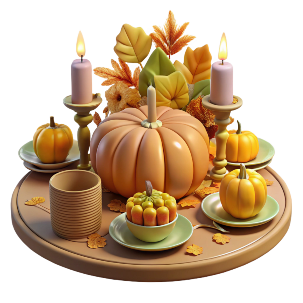 impressive artistic Autumn Harvest Table Setting Pumpkins, Candles, and Fall Leaves genuine png