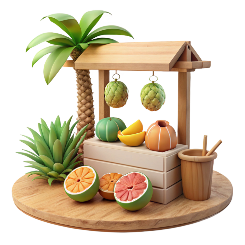 magnificent creative Tropical Fruit Stand Exotic Fruits, Wooden Cart, Summer Vibes exclusive png