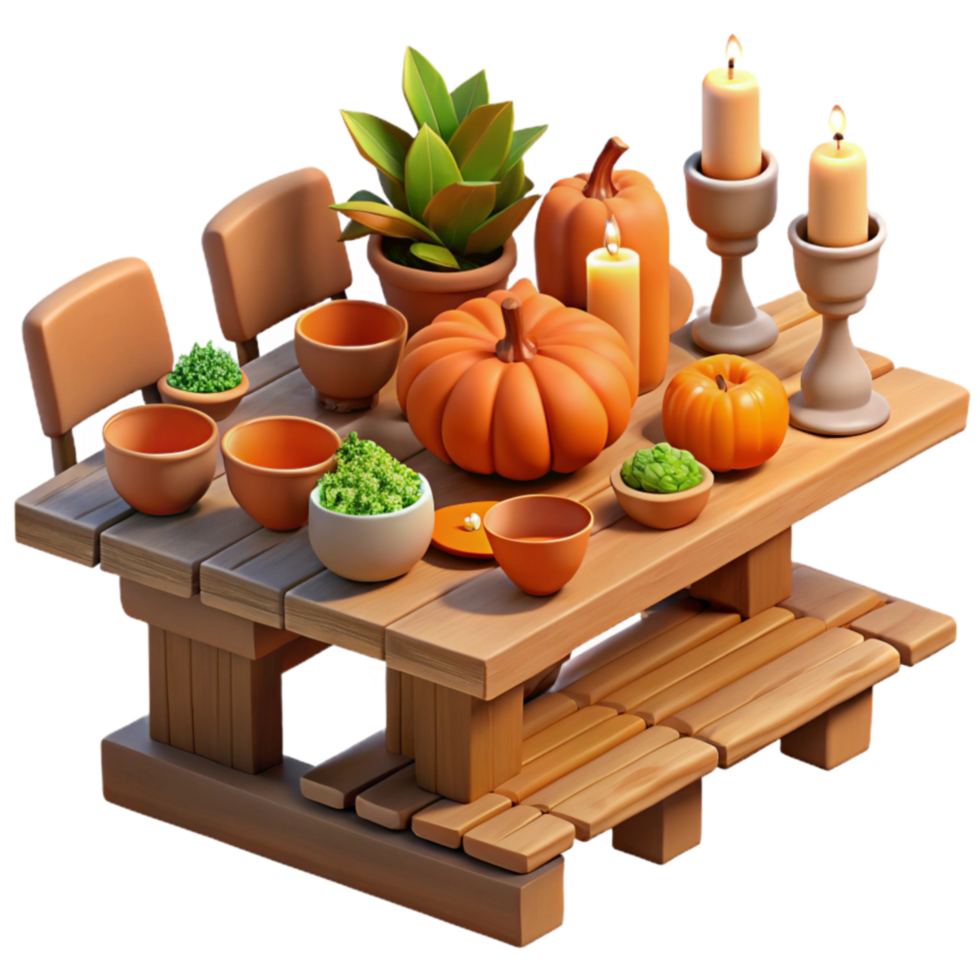 vibrant minimalist Autumn Harvest Table Setting Pumpkins, Candles, and Plants original png