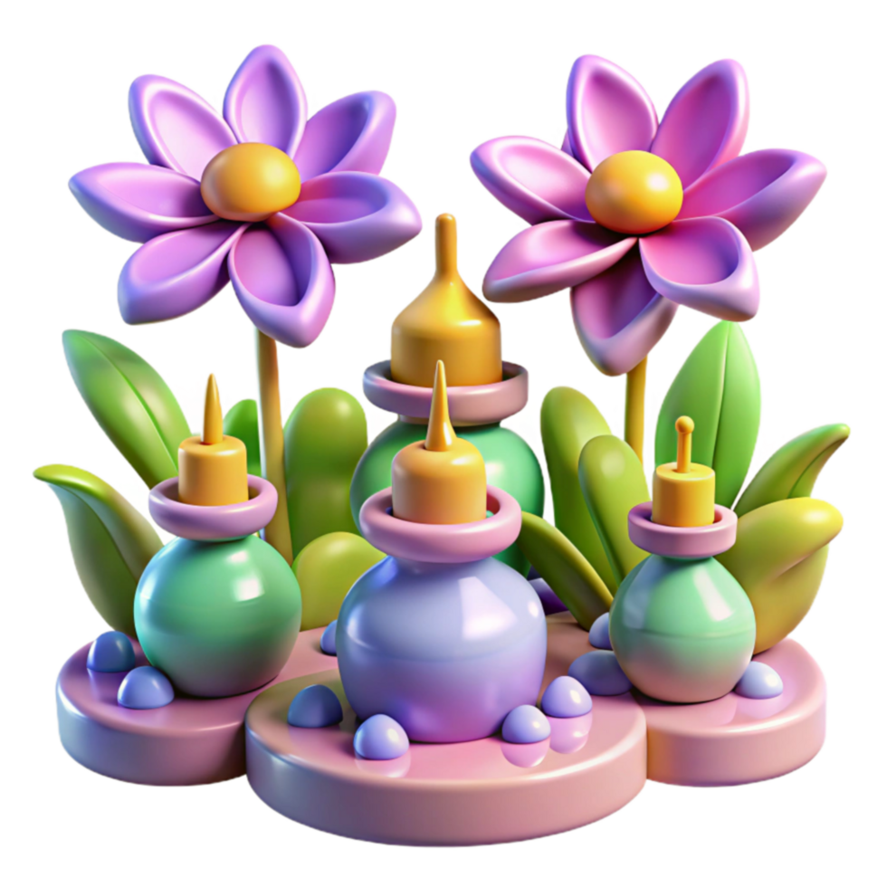 Pastel Flower Garden with Decorative Bottles png