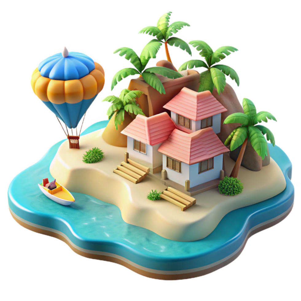 serene modern Tropical Island Getaway Beach House, Hot Air Balloon, and Boat authentic png
