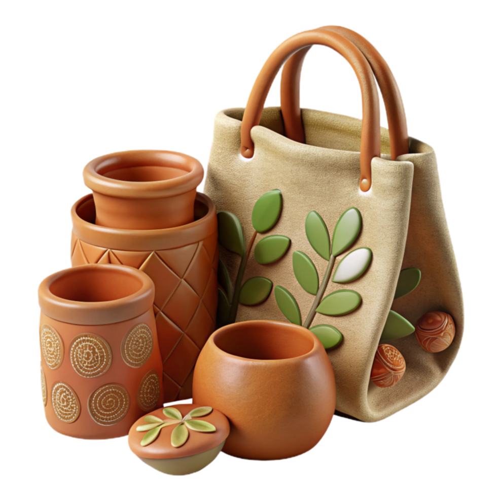 Earthy Pottery Set with Decorative Bag png