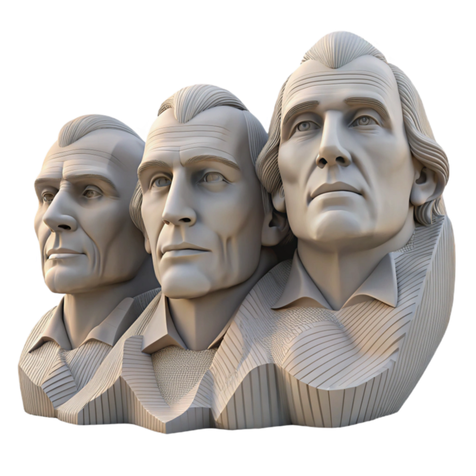 serene minimalist Triple Bust Sculpture Detailed Carving, Classic Style, Figurative Art, 3D Render, Historical Figures, Monumental, Gray Stone, Art, Sculptural, Head and Shoulders high quality png