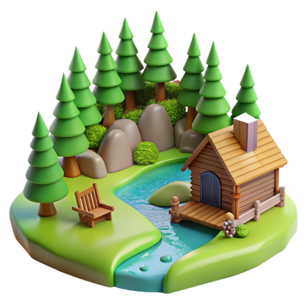wonderful modern Cabin by the River 3D Cartoon Forest Scene authentic png