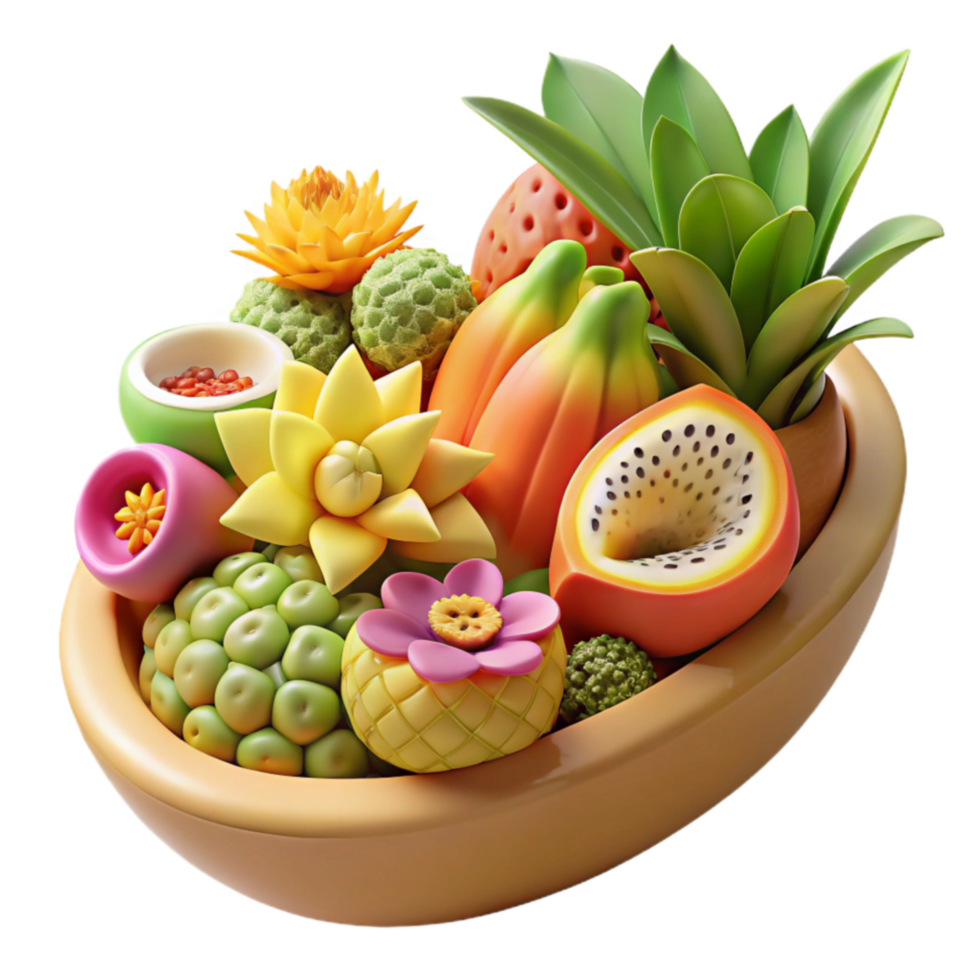dramatic rustic Vibrant Tropical Fruit Bowl A 3D Render high resolution png