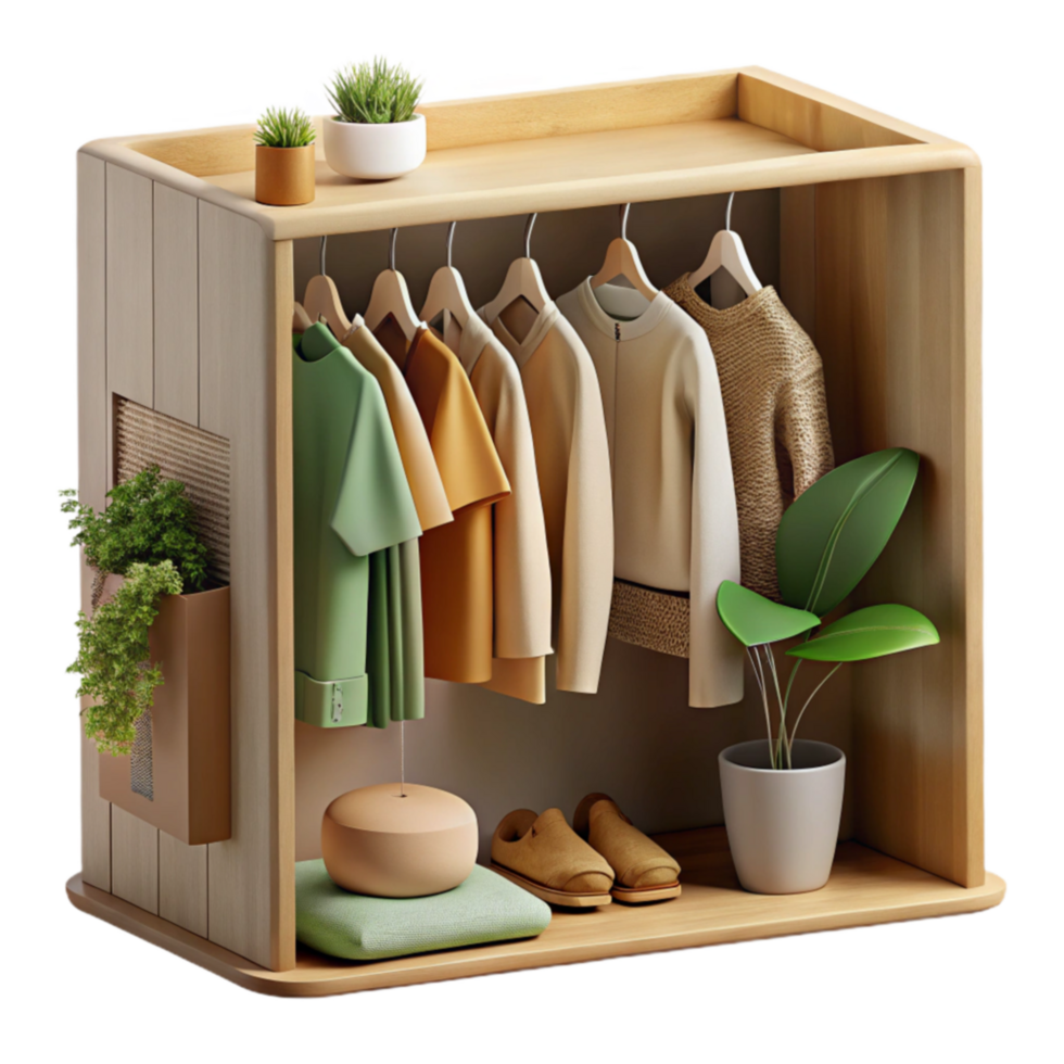 Minimalist Wooden Clothing Rack with Plants png