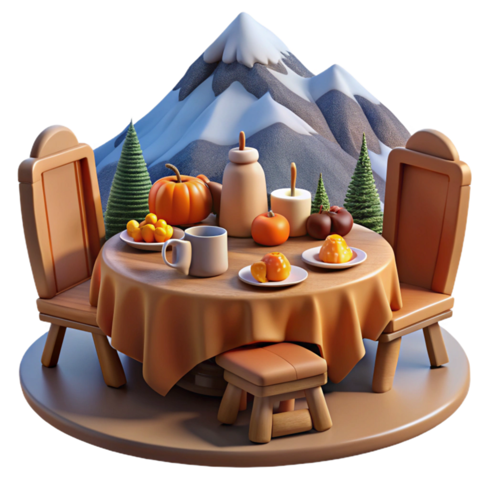 elegant creative Autumn Mountain Feast Table Setting with Pumpkins Treats authentic png