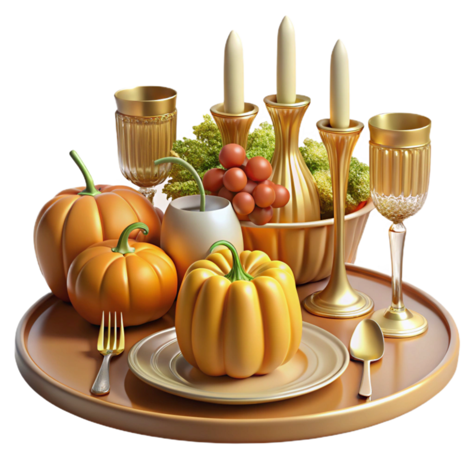 Autumn Harvest Table Setting Pumpkins, Candles, and Grapes png