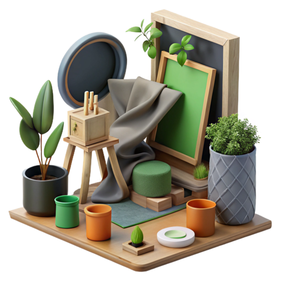 magnificent vintage Serene Studio Plants, Art, and Tranquil Design 4K png