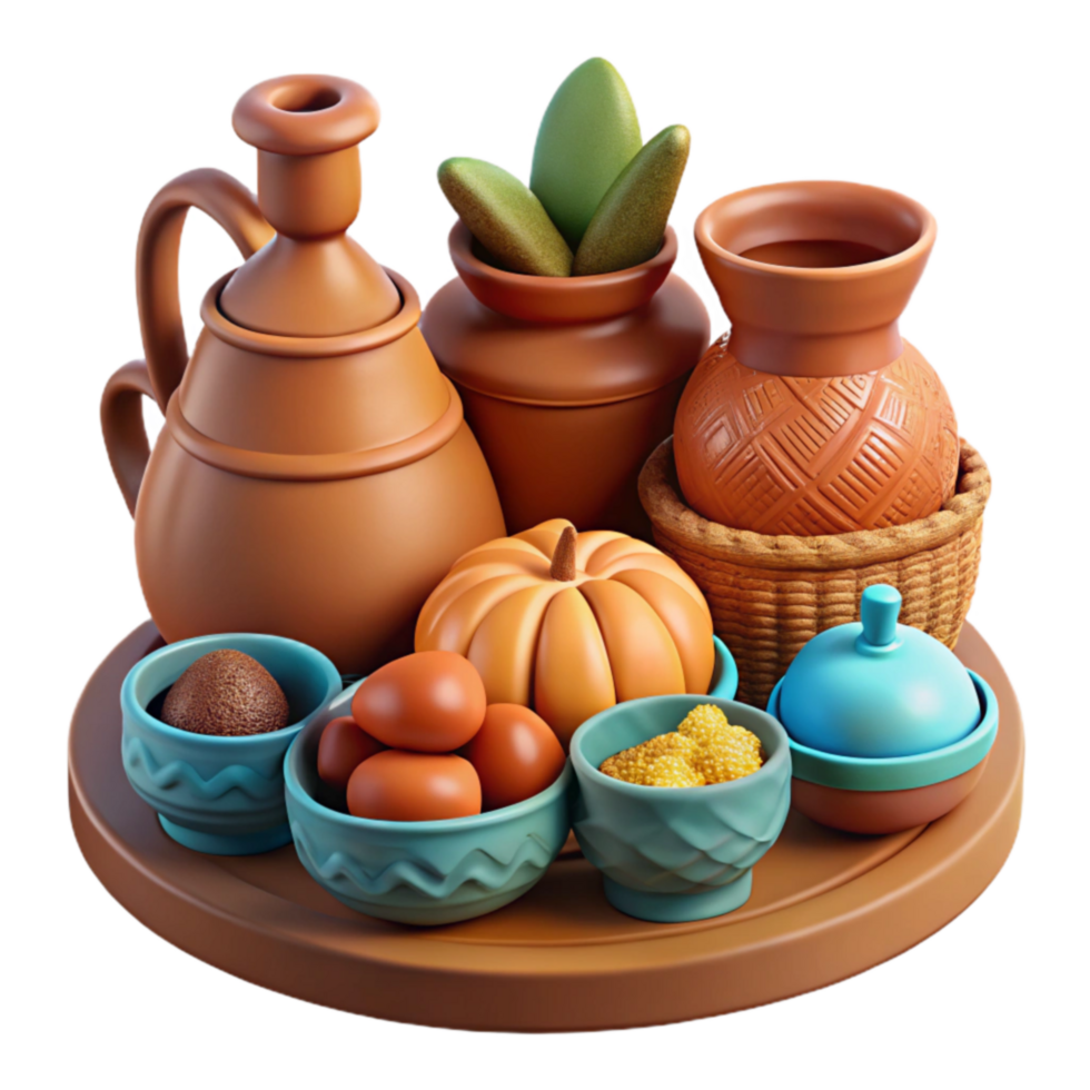 elegant vintage Autumn Harvest Still Life Clay Pots, Pumpkins, and Seasonal Treats premium png