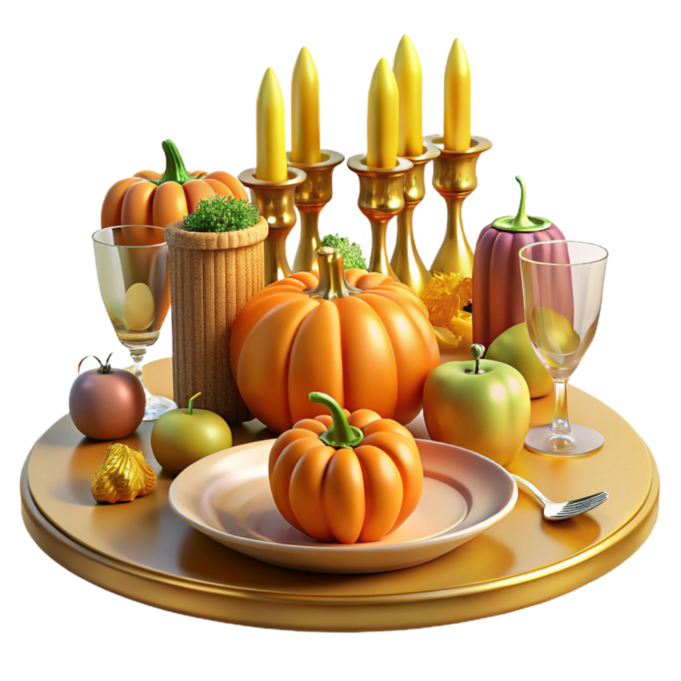 Autumn Harvest Table Setting Pumpkins, Candles, and Apples png