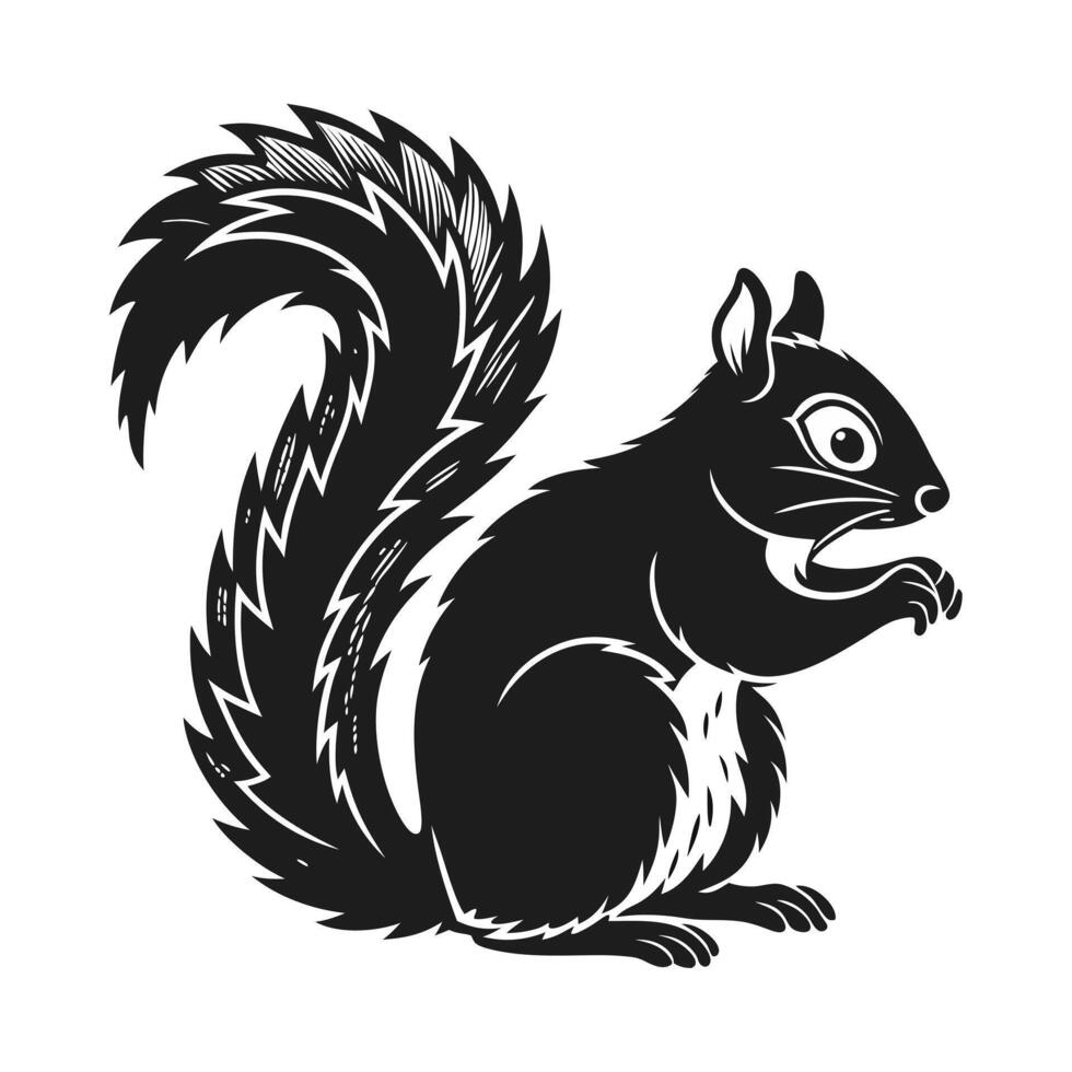 A bold, stylized black silhouette of a squirrel holding an acorn. vector