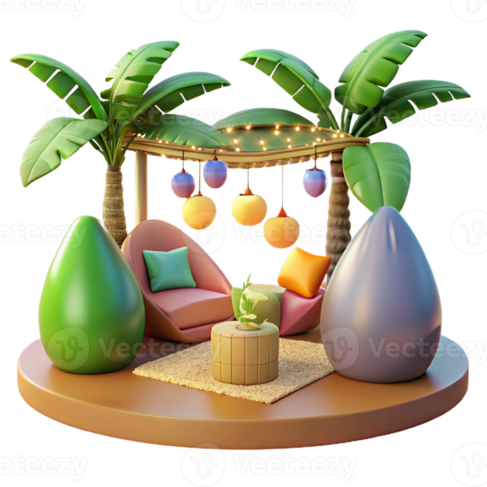vibrant classic Tropical Patio Relaxation 3D Render of Cozy Outdoor Oasis high quality png