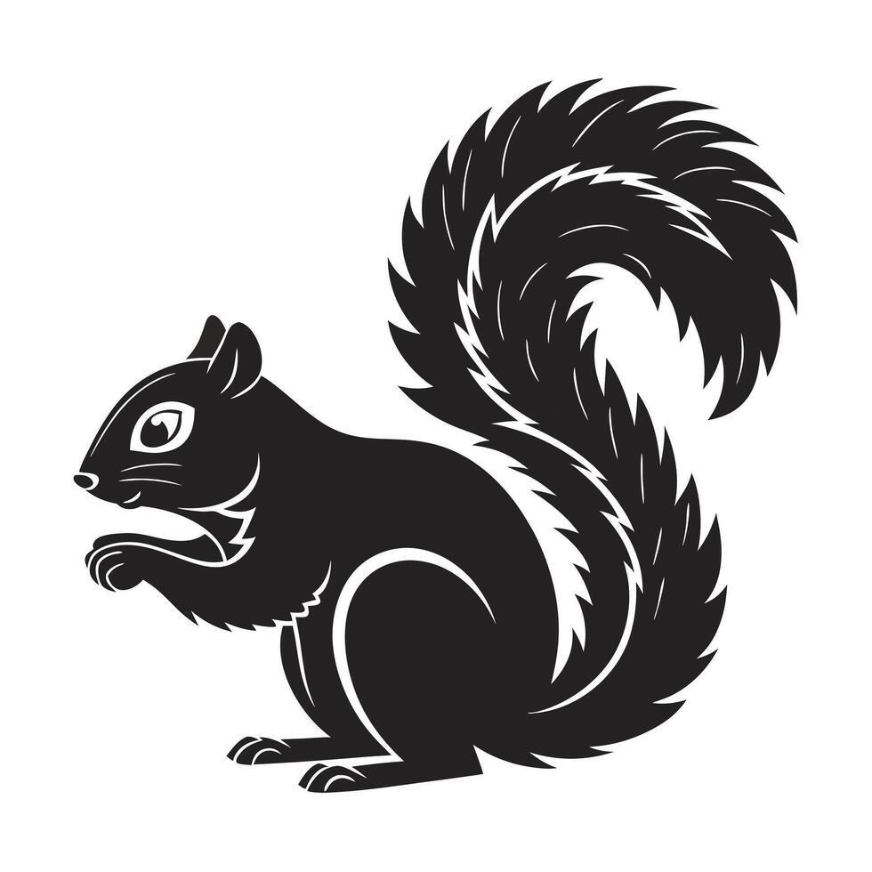 Stylish black silhouette of a squirrel surrounded by acorns and leaves. vector