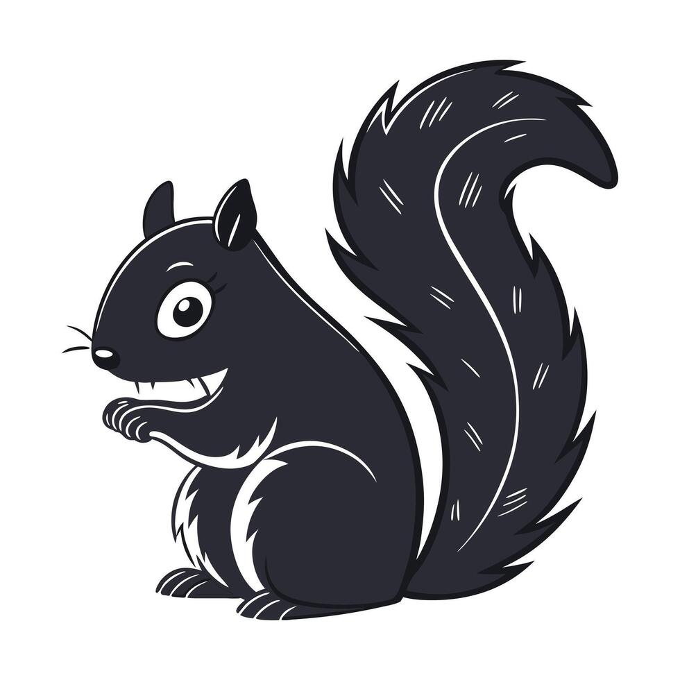 A stylized, black silhouette of a squirrel surrounded by decorative autumnal elements like leaves and acorns. vector
