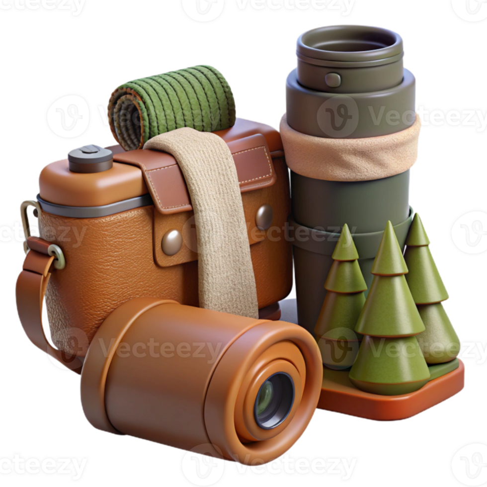 dramatic creative Adventure Essentials Camera, Thermos, and Hiking Gear 4K png