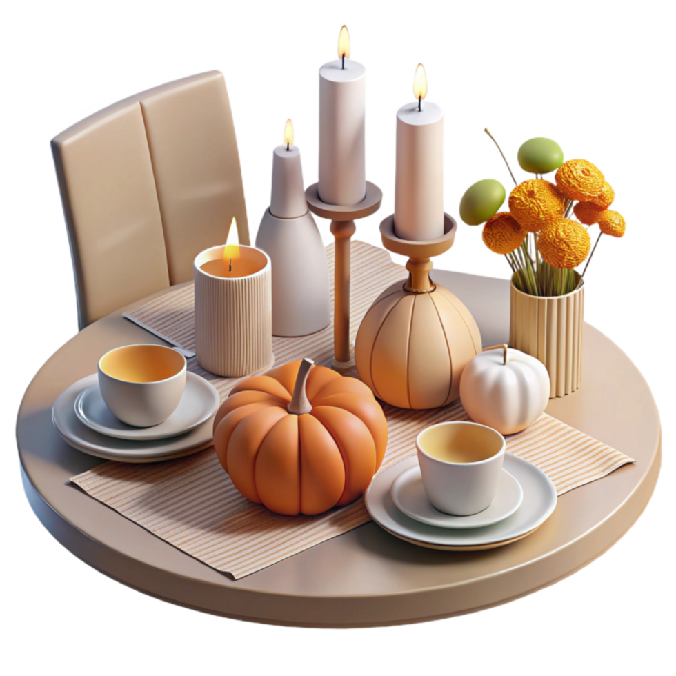 stunning minimalist Autumn Table Setting with Candles and Pumpkin high resolution png