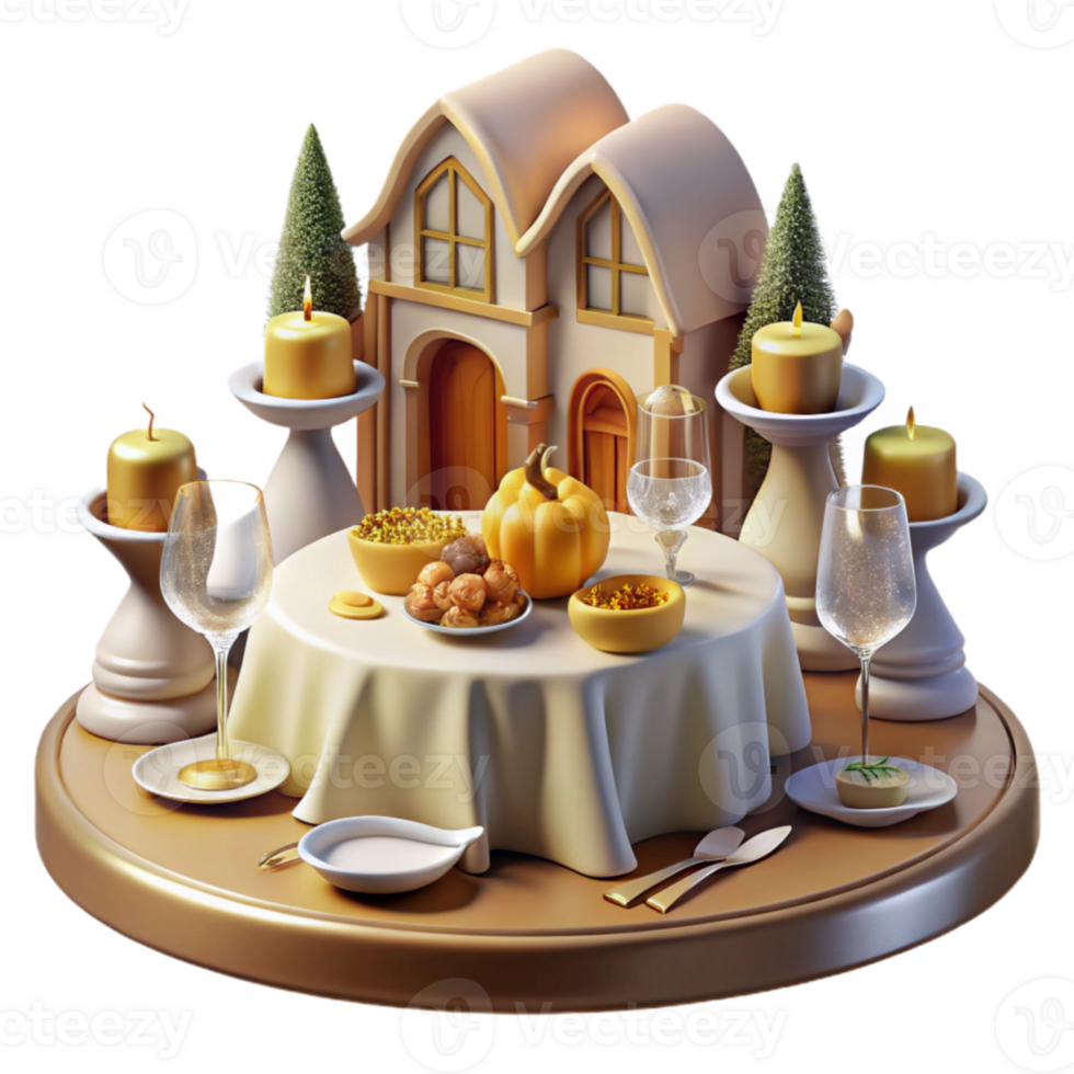 vibrant modern Autumn Harvest Table Setting Candles, Pumpkins, and Festive Food premium png