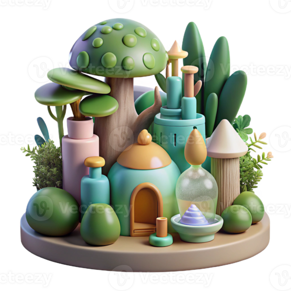 serene artistic Enchanted 3D Forest Village Miniature House, Mushroom, Plants authentic png