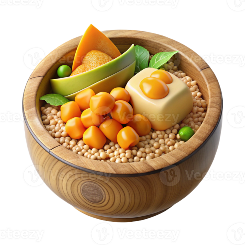 elegant classic Wooden Bowl of Soybeans, Melon, and Citrus authentic png