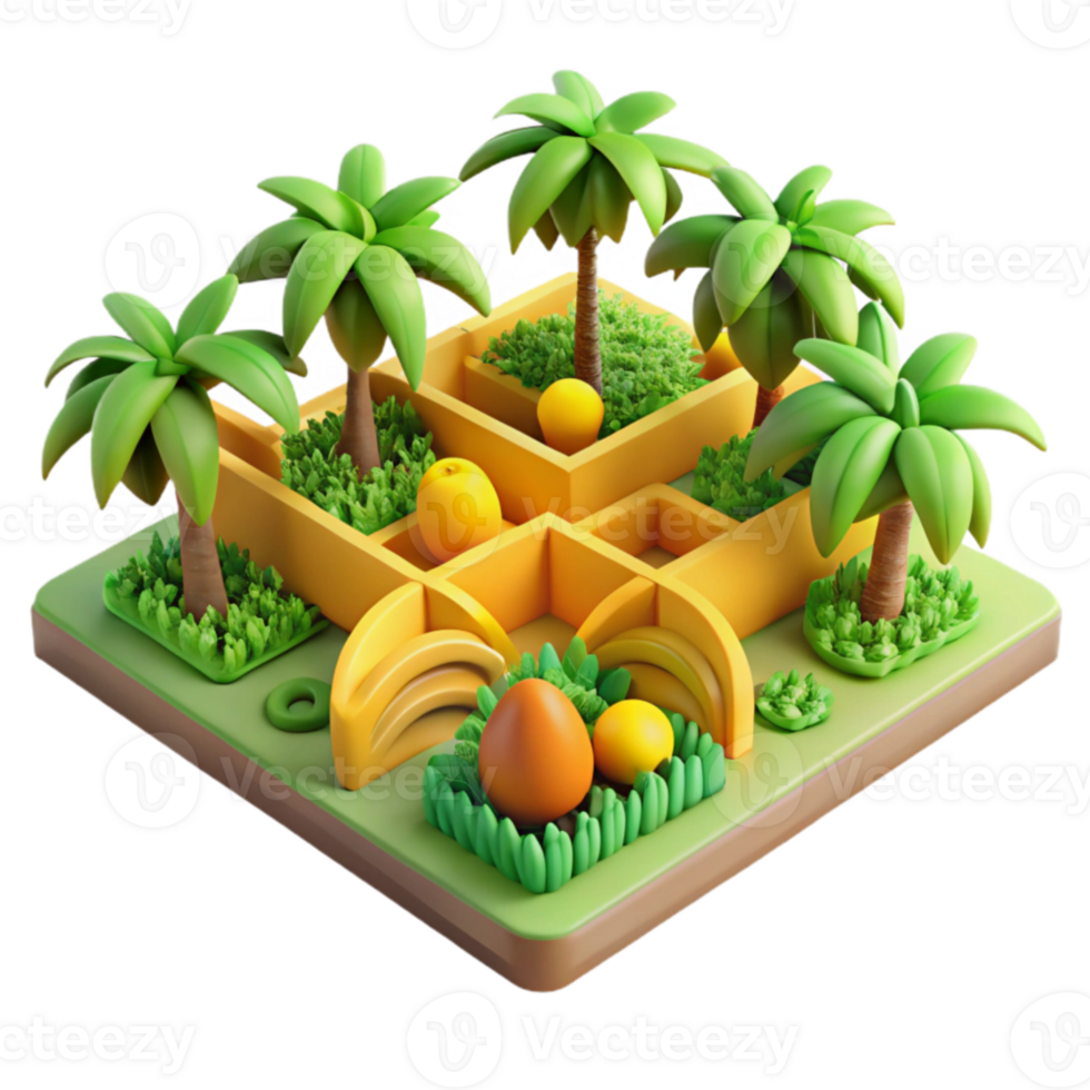 vibrant vintage Tropical Fruit Maze Puzzle 3D Island Game detailed png