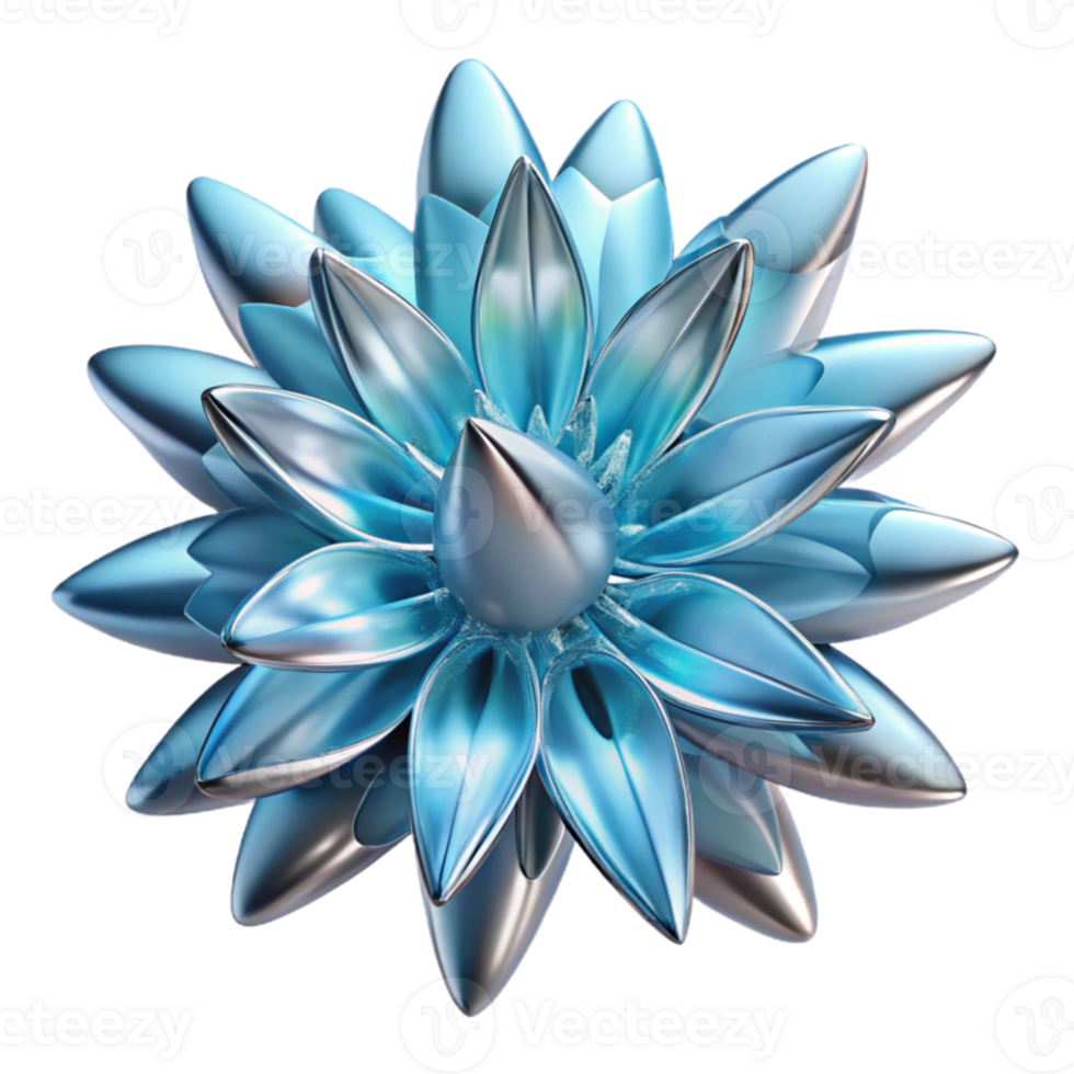 impressive creative Abstract Metallic Flower 3D Render of Blue and Silver Bloom high quality png