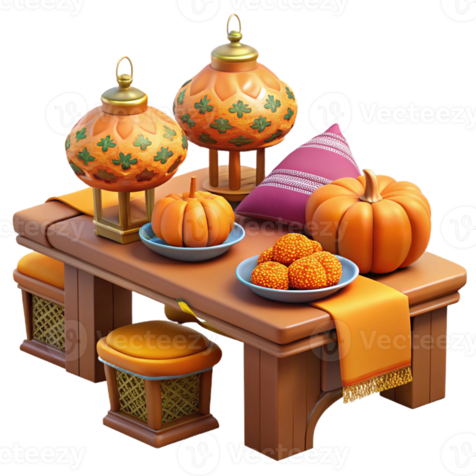 elegant artistic Autumn Harvest Tabletop Scene Pumpkins, Lanterns, and Sweets authentic png