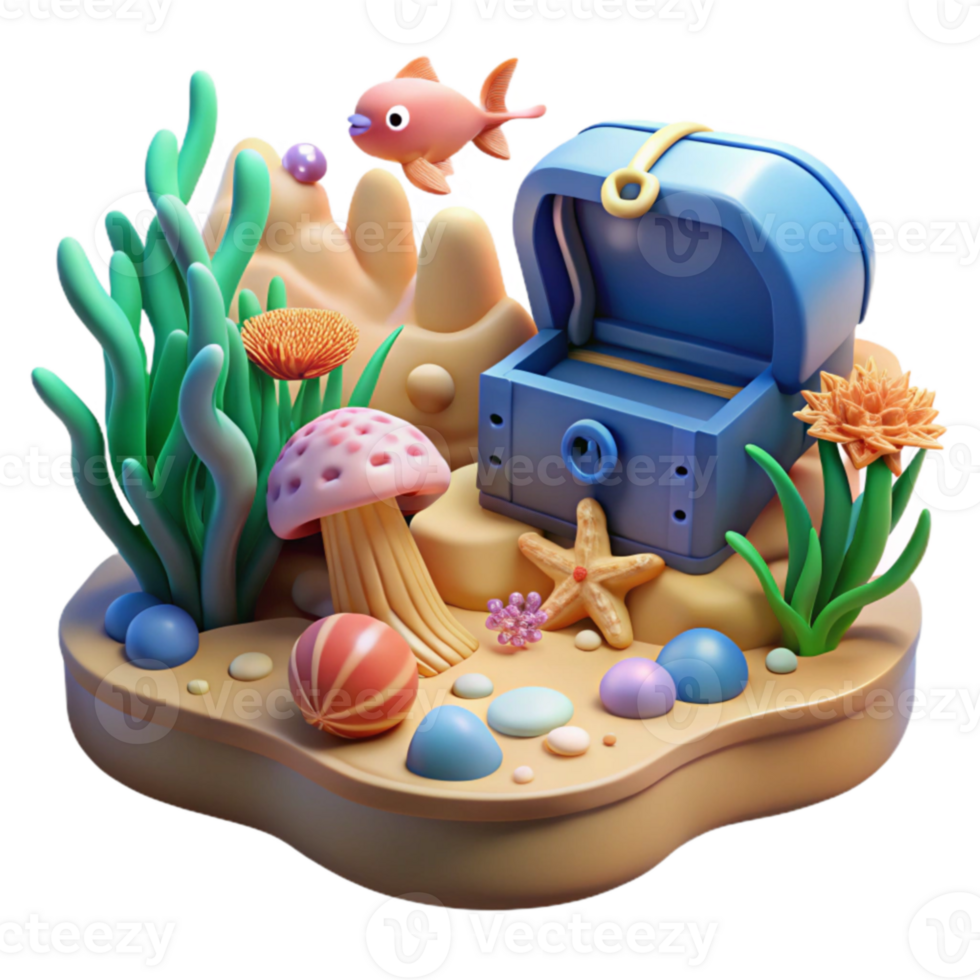 impressive traditional Undersea Treasure 3D Render of Ocean Life and Chest authentic png