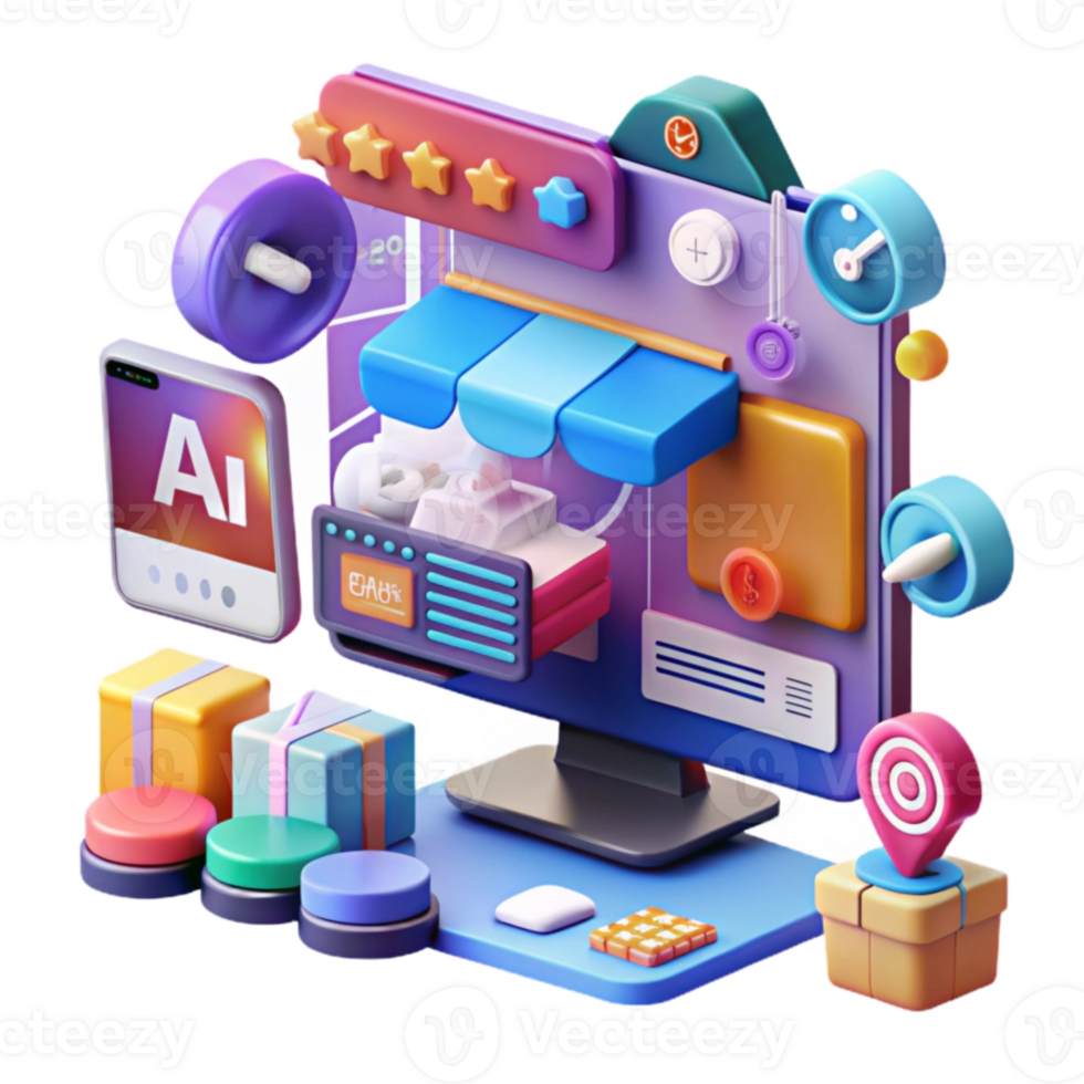 vibrant creative AI-Powered Online Store E-commerce, Shopping, Digital Marketing, Artificial Intelligence, Sales, Customer Reviews, Delivery, Interface Design, UIUX, Online Retail authentic png