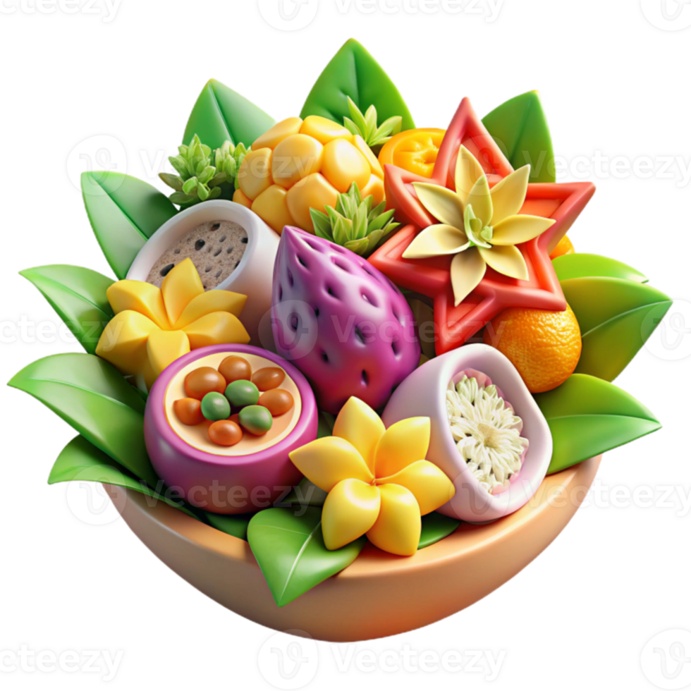extraordinary creative Tropical Fruit Bowl 3D Render Vibrant, Colorful, and Delicious detailed png