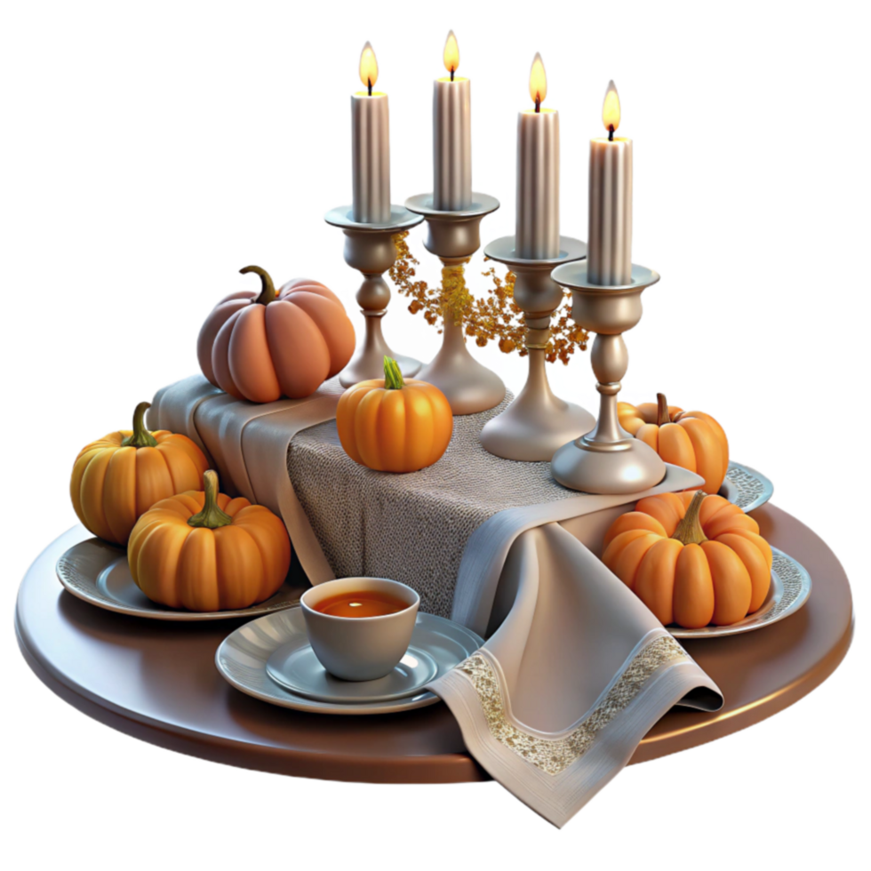 impressive abstract Autumn Harvest Table Setting with Candles and Pumpkins professional png